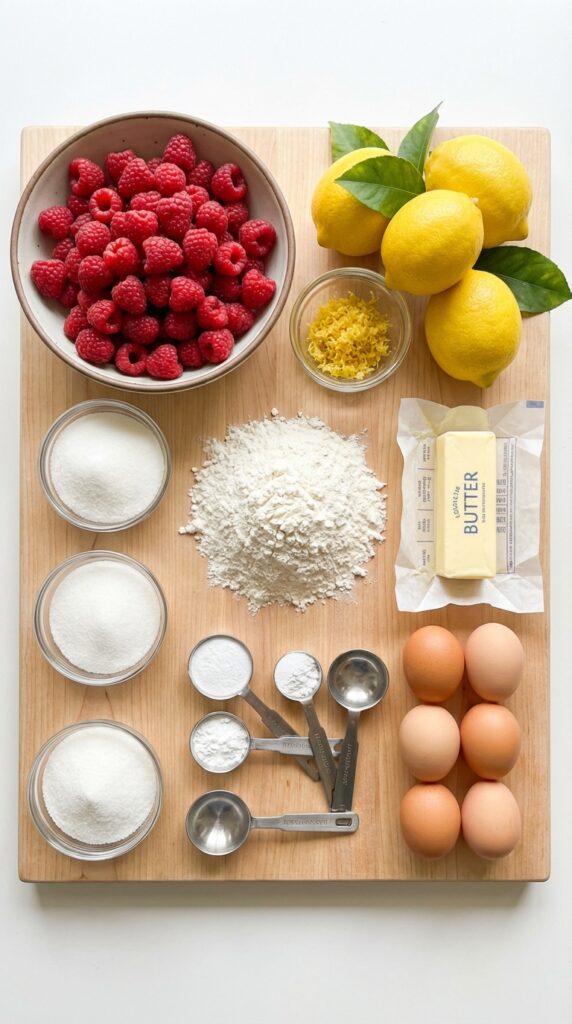 A flat lay showing fresh lemons, raspberries, flour, sugar, butter, and eggs on a marble board.