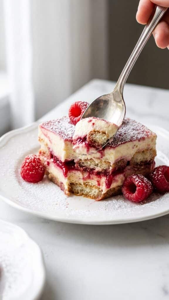 An overhead flat lay view of ingredients including ladyfingers, mascarpone, cream, and fresh raspberries.