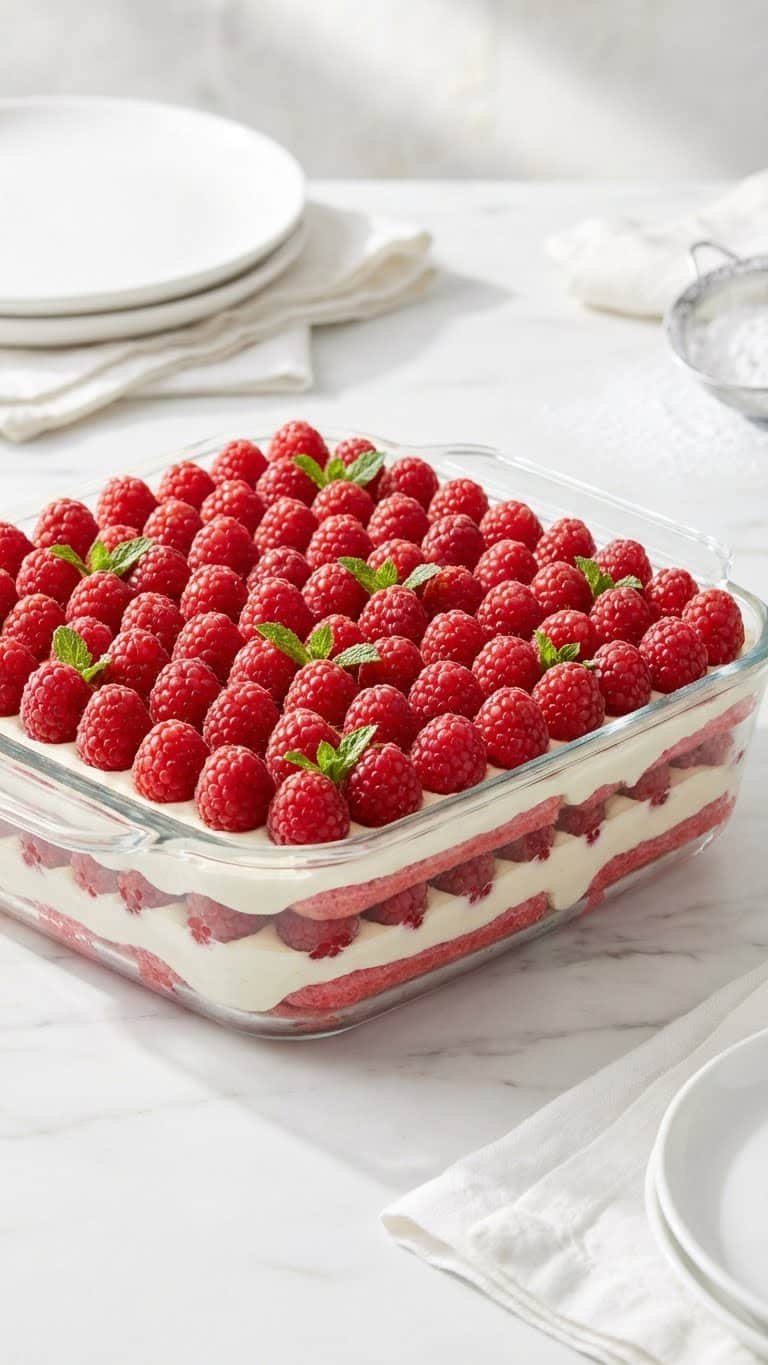 A whole raspberry tiramisu in a glass dish, showing layers of cream and soaked biscuits, topped with fresh berries.