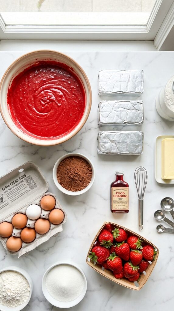 A flat lay showing red velvet batter, cream cheese, cocoa powder, red dye, and fresh strawberries on marble.