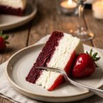 A close-up side view of a slice of cheesecake showing the red cake bottom and white cheesecake top.