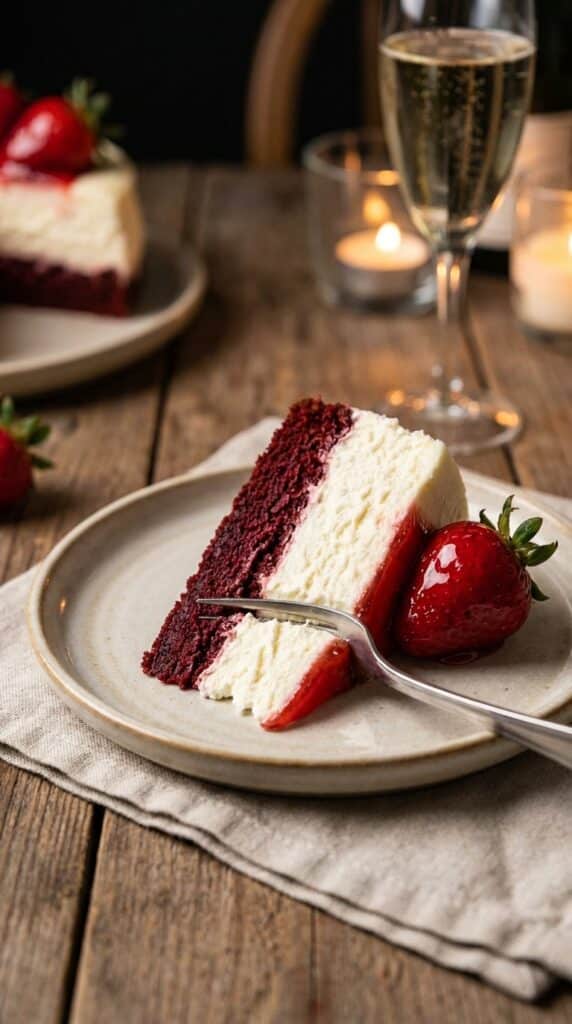 A close-up side view of a slice of cheesecake showing the red cake bottom and white cheesecake top.