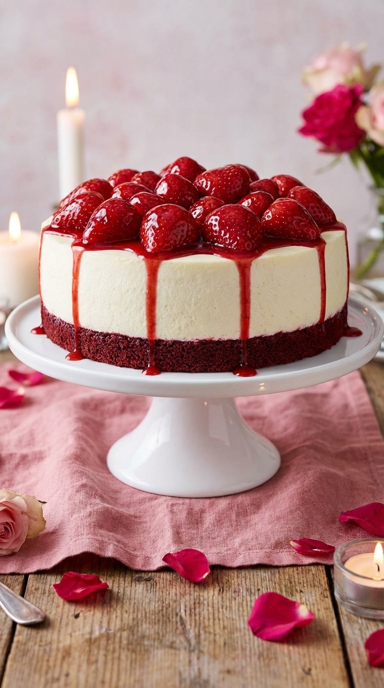 A whole cheesecake on a stand with a red velvet cake bottom, white filling, and topped with glazed strawberries.