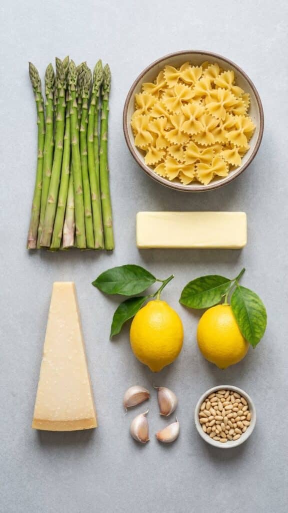 A flat lay showing raw asparagus, bowtie pasta, lemons, butter, parmesan, and pine nuts on a stone table.
