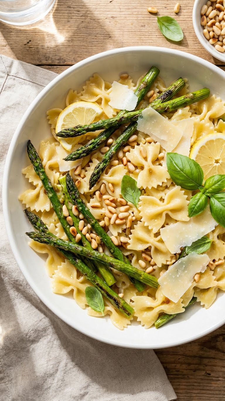 A large bowl of bowtie pasta salad with roasted asparagus, lemon slices, pine nuts, and parmesan cheese.