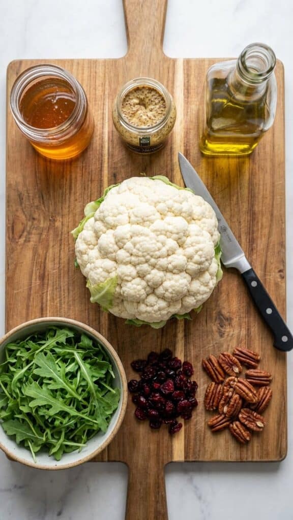 A flat lay showing a head of cauliflower, mustard, honey, arugula, and pecans on a wooden board.