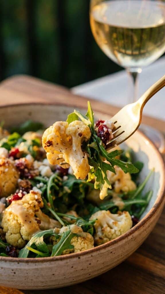 A close-up of a fork lifting a piece of dressed roasted cauliflower and arugula.