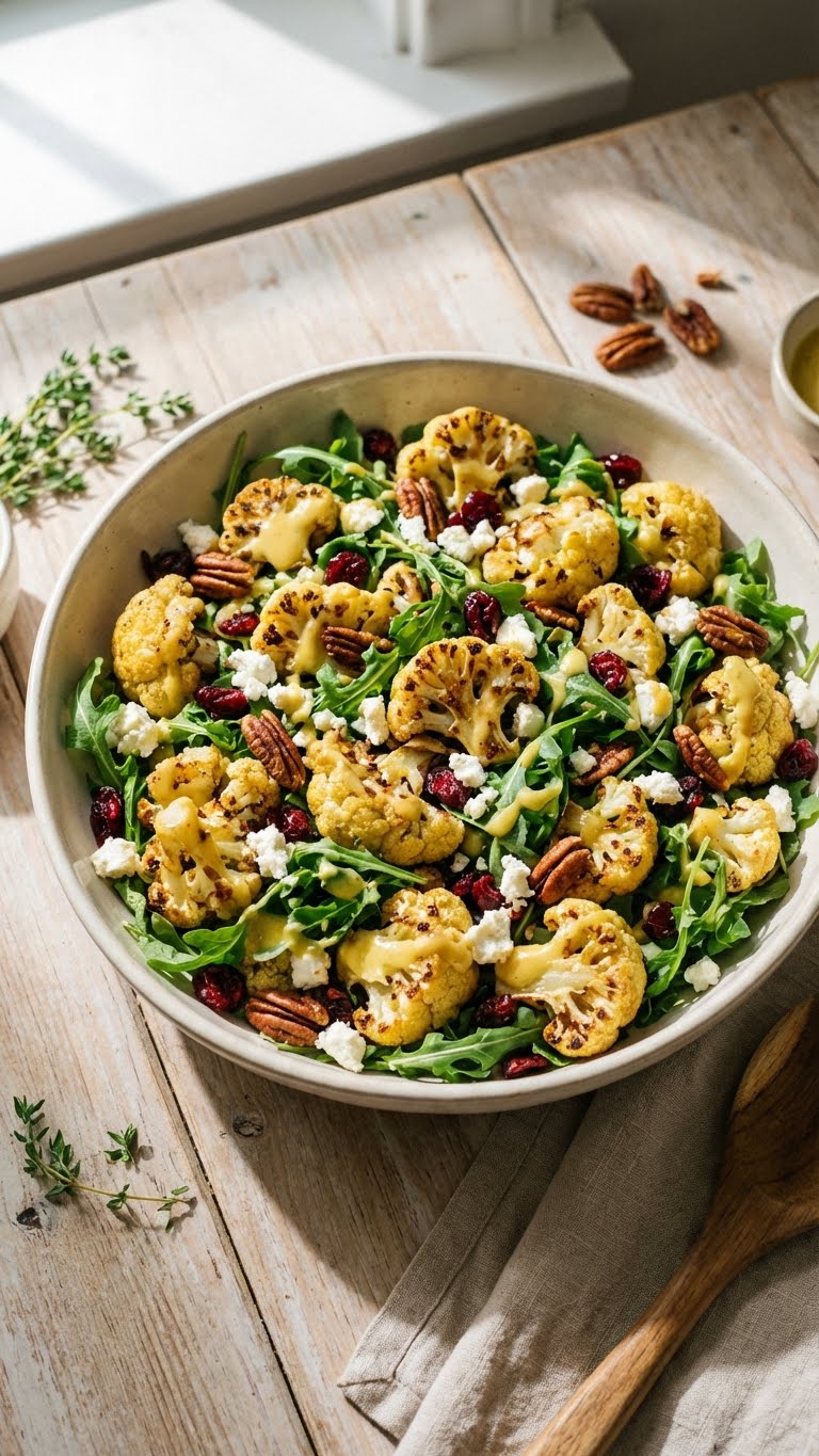 A large bowl of roasted cauliflower salad with arugula, cranberries, pecans, and feta, drizzled with creamy honey mustard dressing.