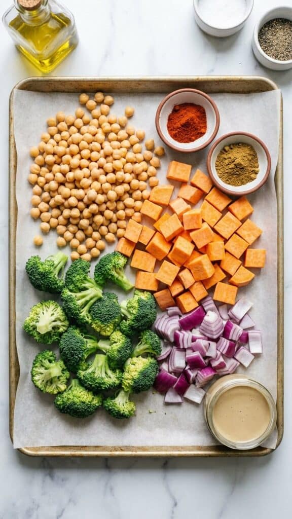 A flat lay showing raw chickpeas, sweet potatoes, broccoli, and onions on a baking sheet ready to roast.