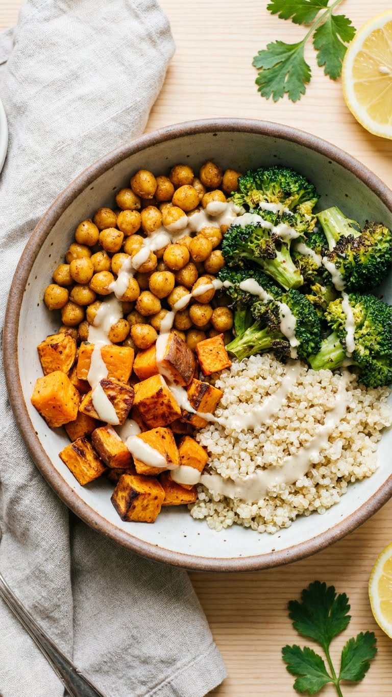 A top-down view of a healthy grain bowl with roasted chickpeas, sweet potatoes, broccoli, and tahini dressing.