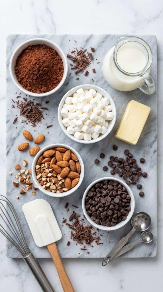 A flat lay showing cocoa powder, marshmallows, almonds, chocolate chips, and butter on a marble surface.