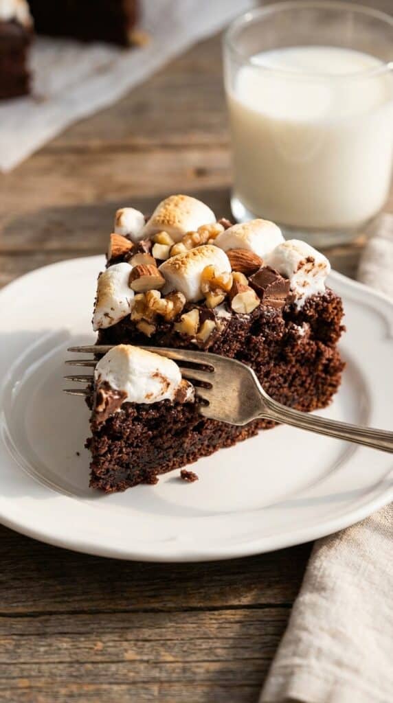 A close-up of a slice of rocky road cake on a plate with a fork taking a bite, showing the moist crumb and toppings.