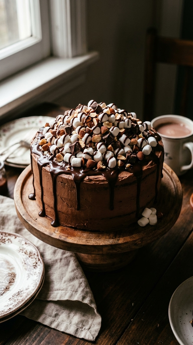 A whole chocolate cake topped with a mountain of marshmallows, almonds, and chocolate drizzle on a wooden stand.