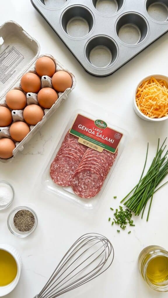 A flat lay showing salami slices, a carton of eggs, cheese, chives, and a muffin tin.