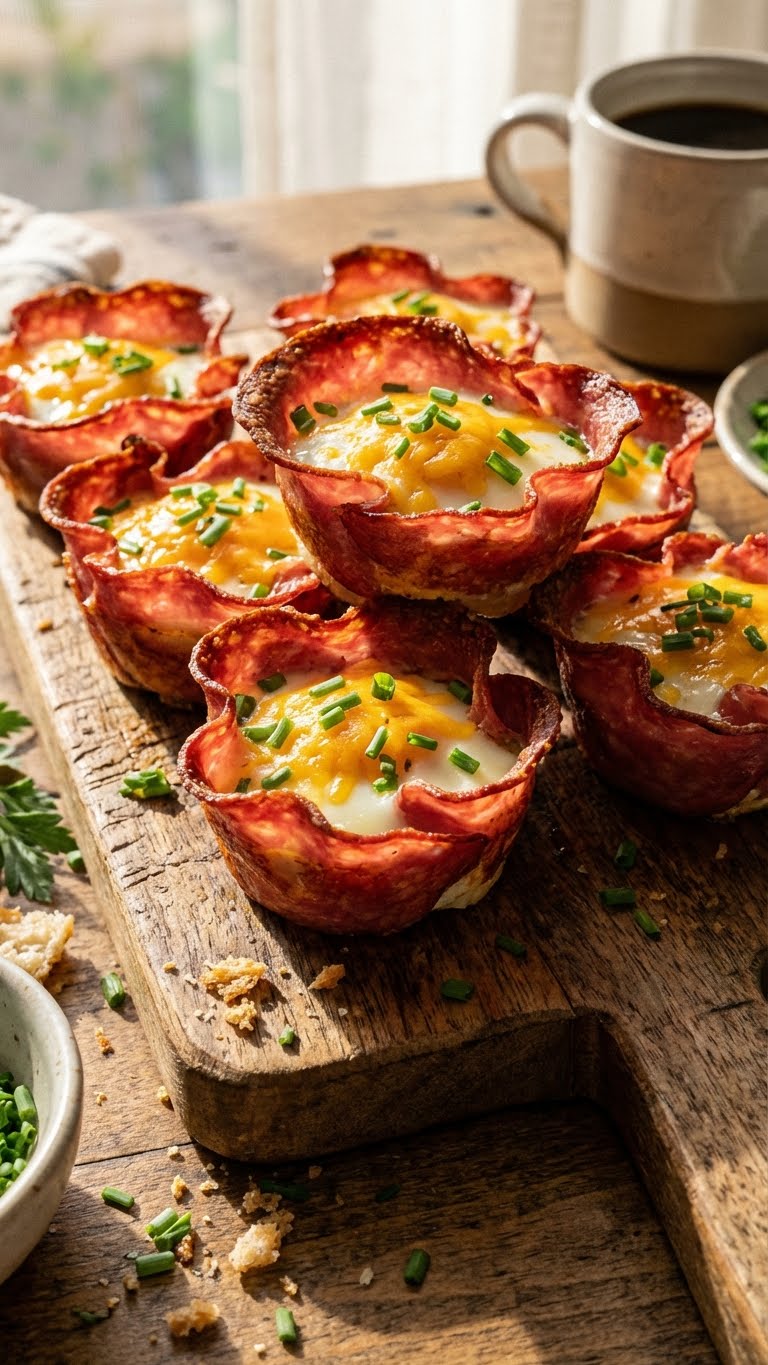 A wooden board filled with baked egg cups wrapped in crispy salami, topped with cheese and chives.