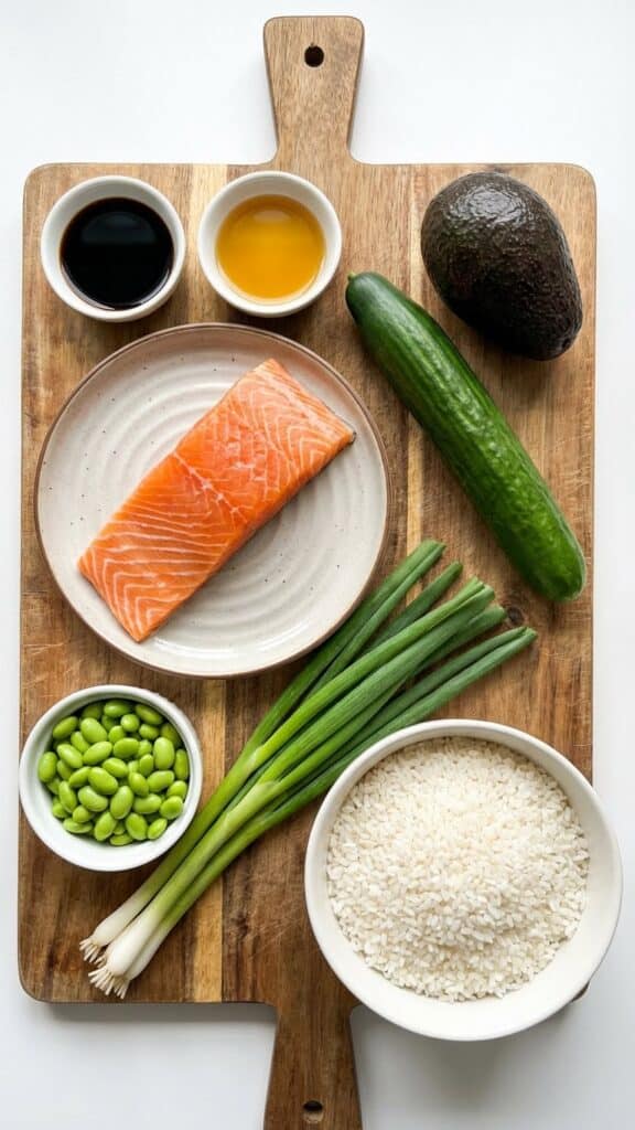 A flat lay showing raw salmon fillet, soy sauce, avocado, cucumber, and edamame on a wooden board.