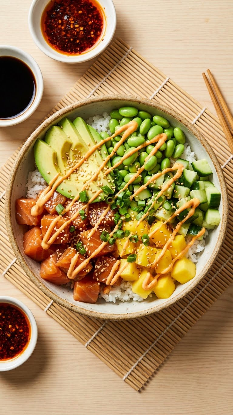 Top-down view of a salmon poke bowl with avocado, edamame, mango, and spicy mayo drizzle.