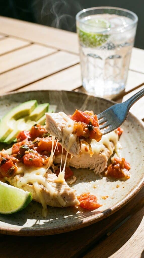 A close-up of a fork lifting a bite of cheesy salsa chicken with avocado on the plate.