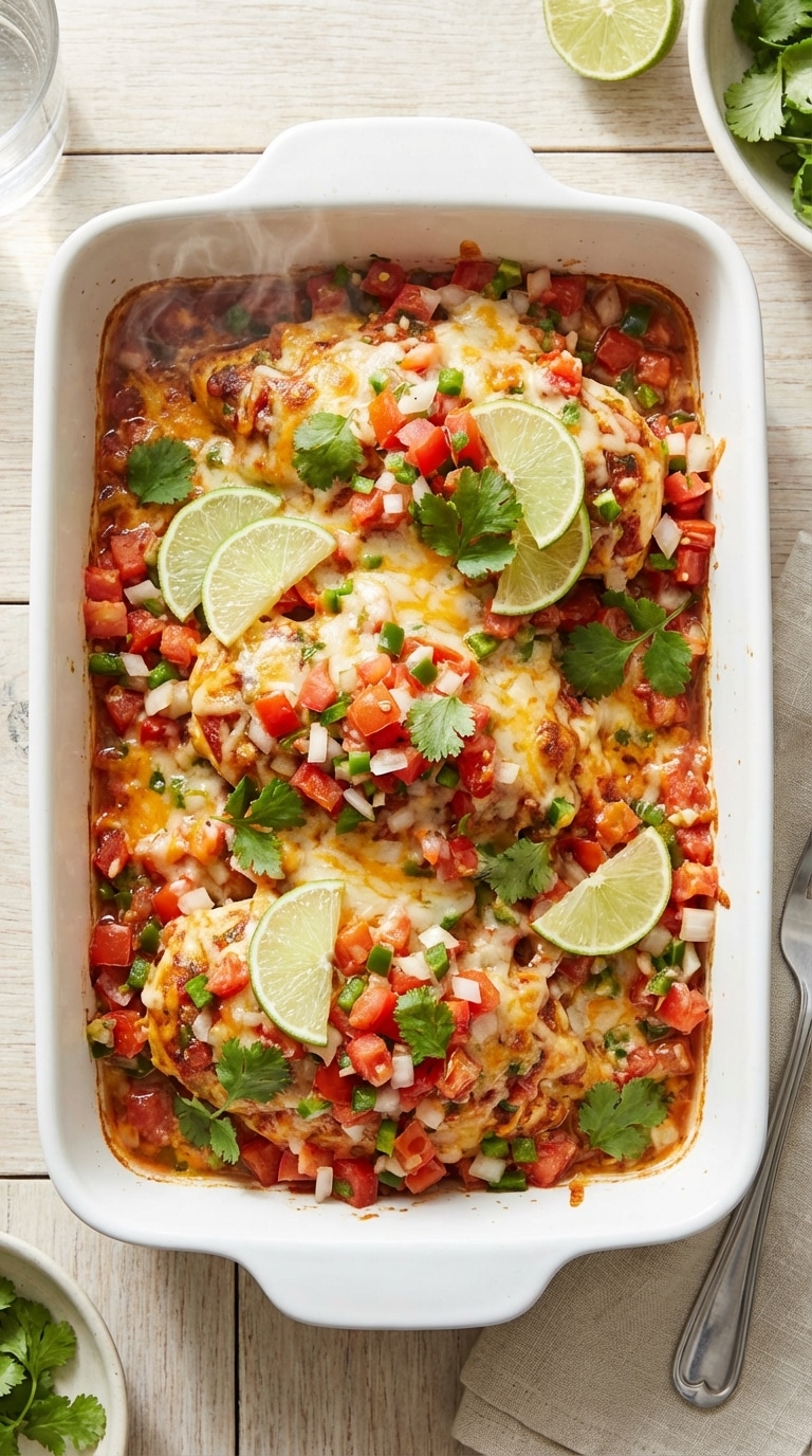 A top-down view of a baking dish filled with chicken topped with fresh tomato salsa and melted cheese.