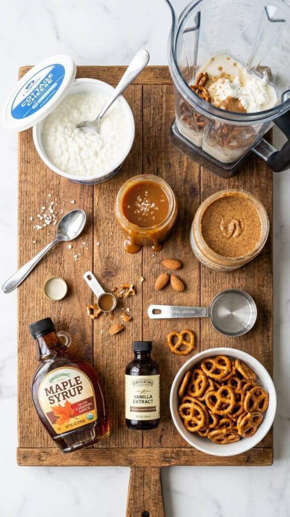 A flat lay showing cottage cheese, caramel sauce, almond butter, maple syrup, and pretzels.