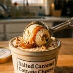 A close-up of an ice cream scoop digging into a container of caramel cottage cheese ice cream.