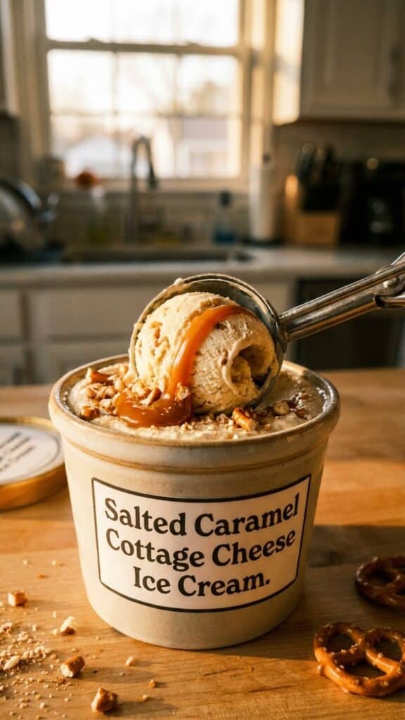A close-up of an ice cream scoop digging into a container of caramel cottage cheese ice cream.