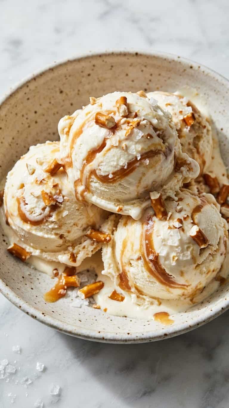 Scoops of cottage cheese ice cream with caramel swirls and crushed pretzels in a bowl.