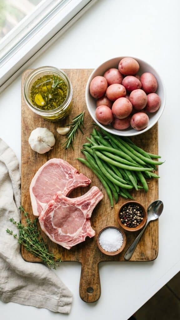 A flat lay showing raw pork chops, potatoes, green beans, and herb oil marinade on a wooden board.