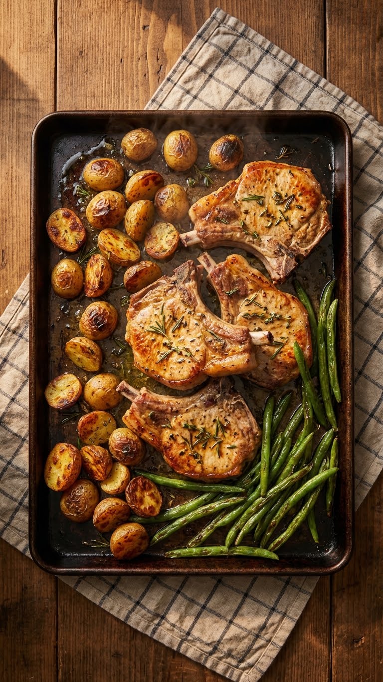 A sheet pan filled with roasted pork chops, potatoes, and green beans, fresh from the oven.
