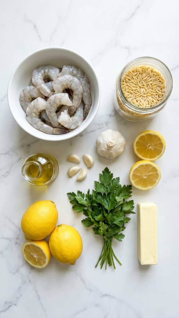 Overhead flat lay of ingredients for shrimp orzo: raw shrimp, dry orzo pasta, fresh lemons, garlic, parsley, and olive oil on marble.
