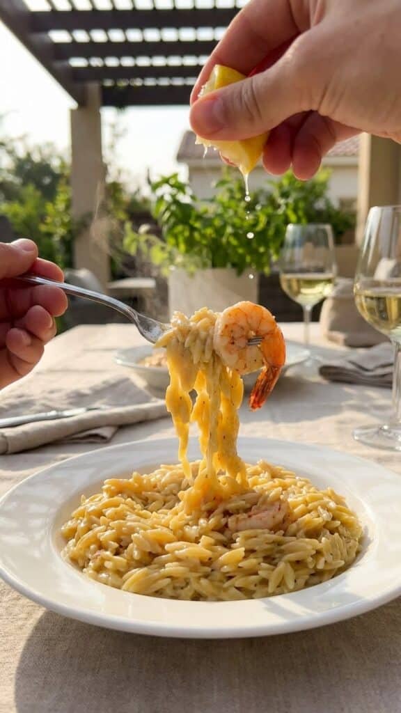A close-up POV shot of a fork lifting a bite of creamy shrimp orzo with a hand squeezing fresh lemon juice over it.
