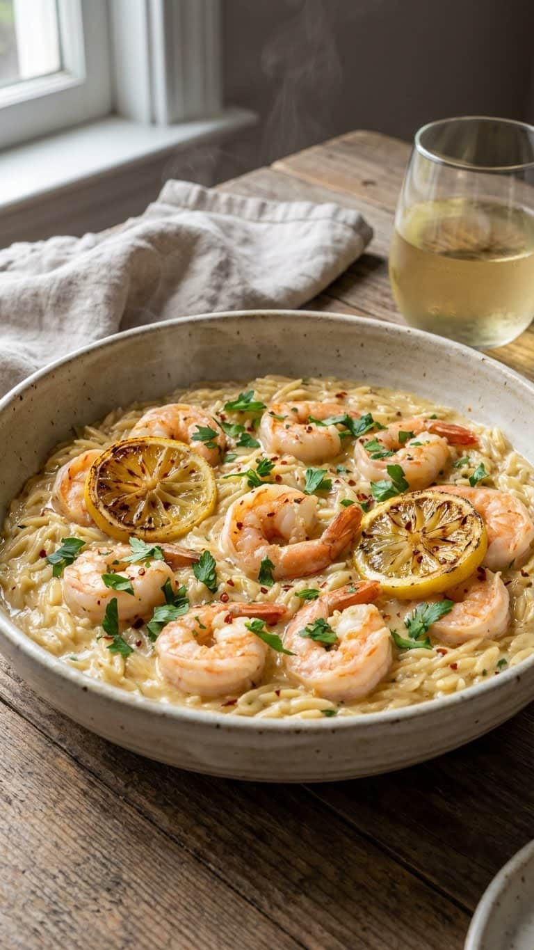 A large serving bowl of creamy Shrimp Orzo with lemon garlic sauce, topped with grilled shrimp, charred lemon slices, and fresh parsley.