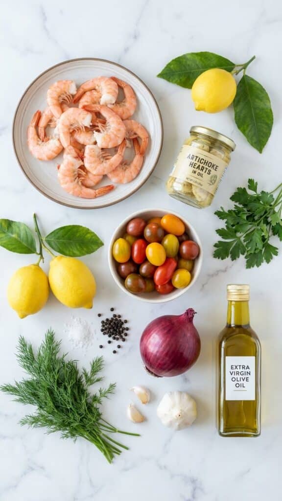 A flat lay showing shrimp, artichoke hearts, lemons, tomatoes, and olive oil on a marble surface
