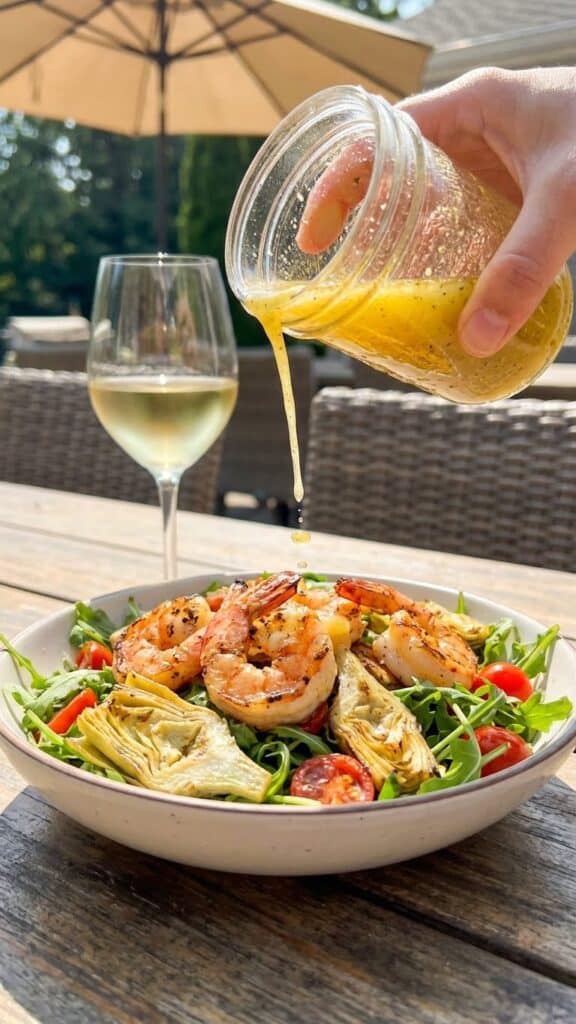 A close-up of lemon vinaigrette being poured over a shrimp and artichoke salad.