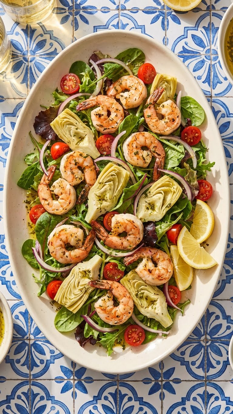 A large platter of green salad topped with grilled shrimp, artichoke hearts, and tomatoes on a tiled table.