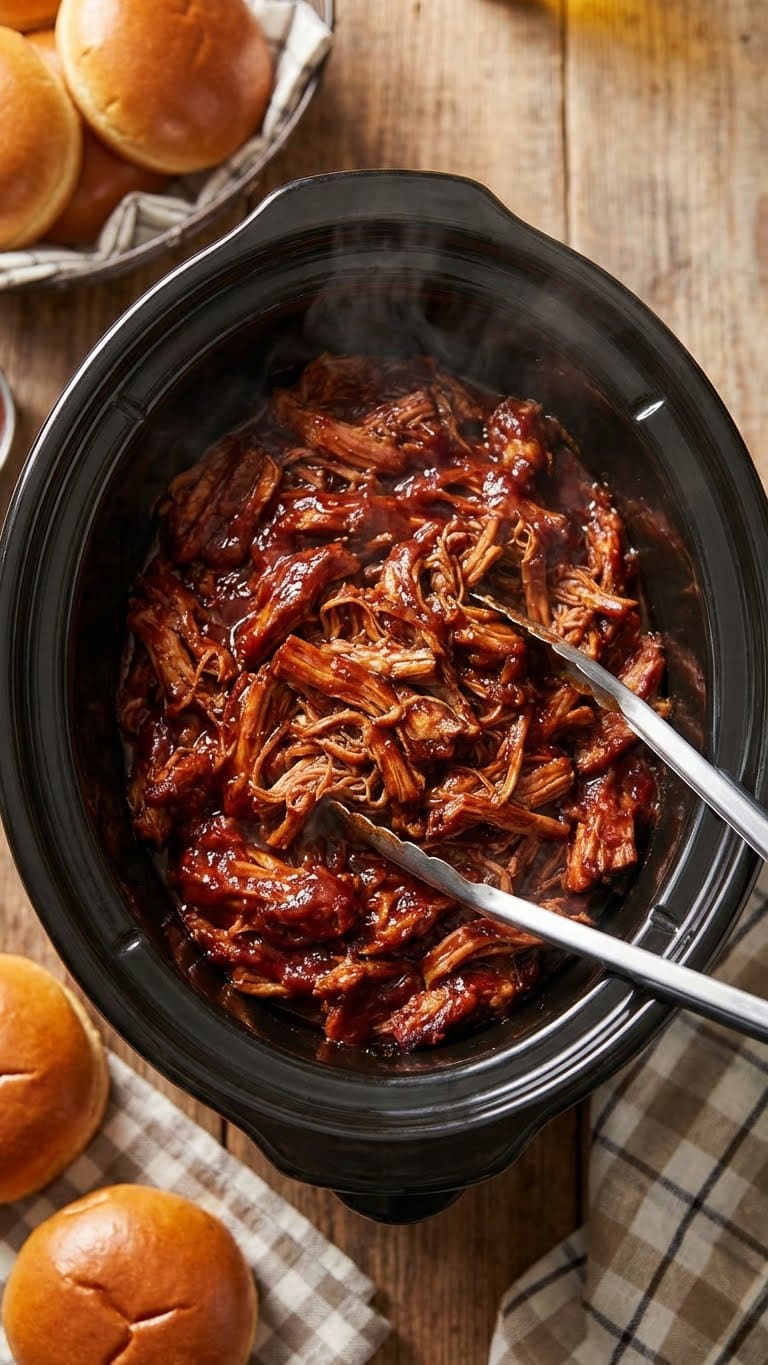 A top-down view inside a slow cooker filled with shredded BBQ pork in a rich red sauce.