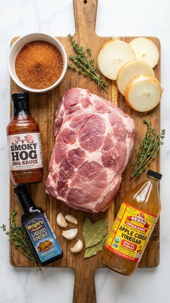 A flat lay showing a raw pork shoulder, spice rub, BBQ sauce, and onions on a wooden board.