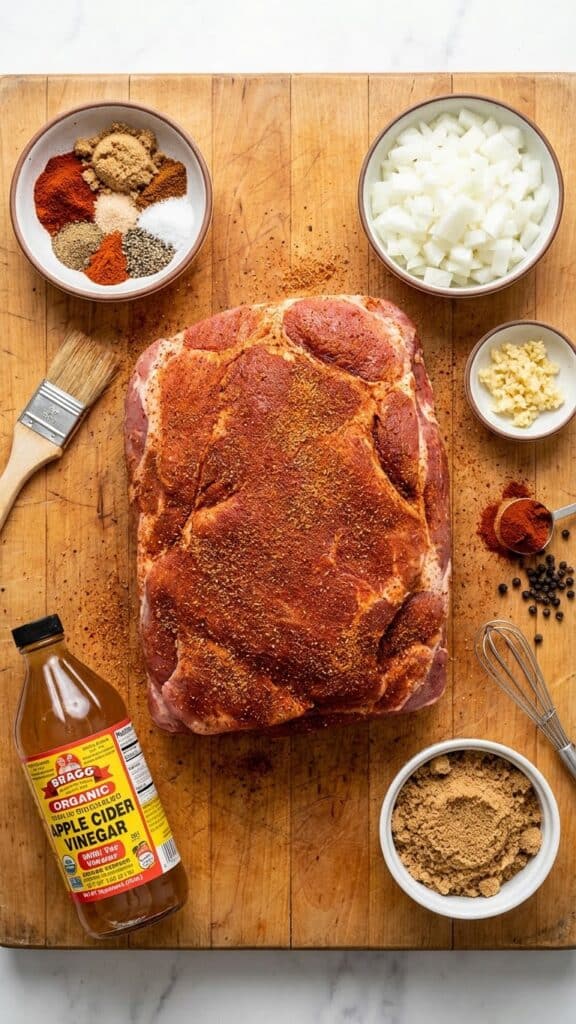 A flat lay showing a raw pork shoulder rubbed with spices, alongside a bowl of rub, onions, garlic, and vinegar.