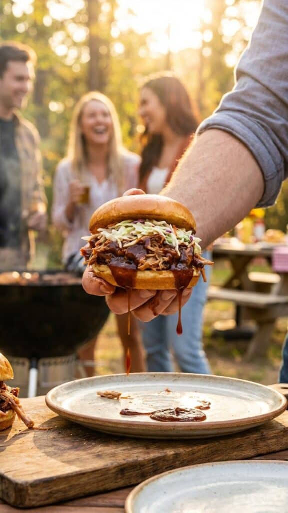 A close-up of a hand holding a large, messy BBQ pulled pork sandwich topped with coleslaw.