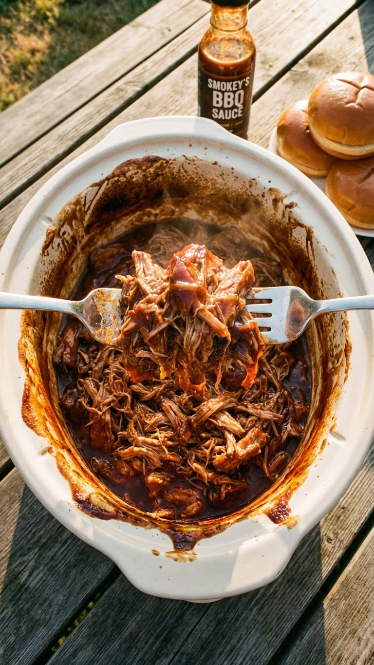A top-down view inside a slow cooker filled with saucy, shredded BBQ pulled pork, with two forks lifting a portion.