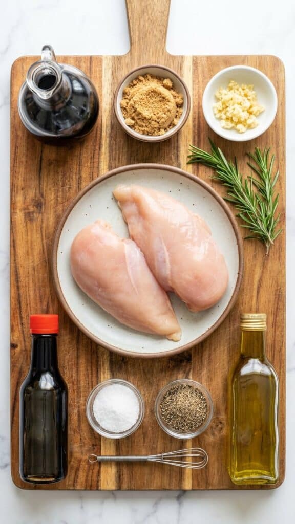 A flat lay showing raw chicken, balsamic vinegar, brown sugar, garlic, and fresh rosemary on a wooden board.