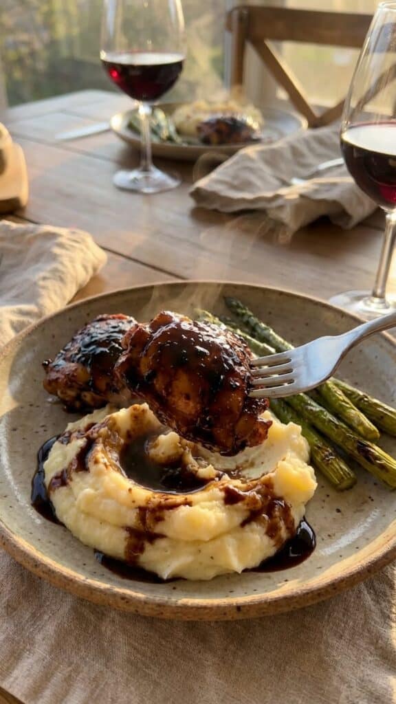 A close-up of a fork lifting a piece of balsamic glazed chicken over mashed potatoes and asparagus.