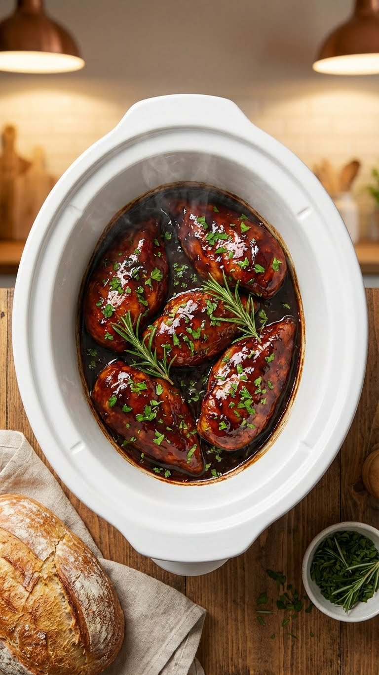 A top-down view inside a slow cooker filled with chicken breasts coated in a dark, glossy balsamic glaze and fresh herbs.