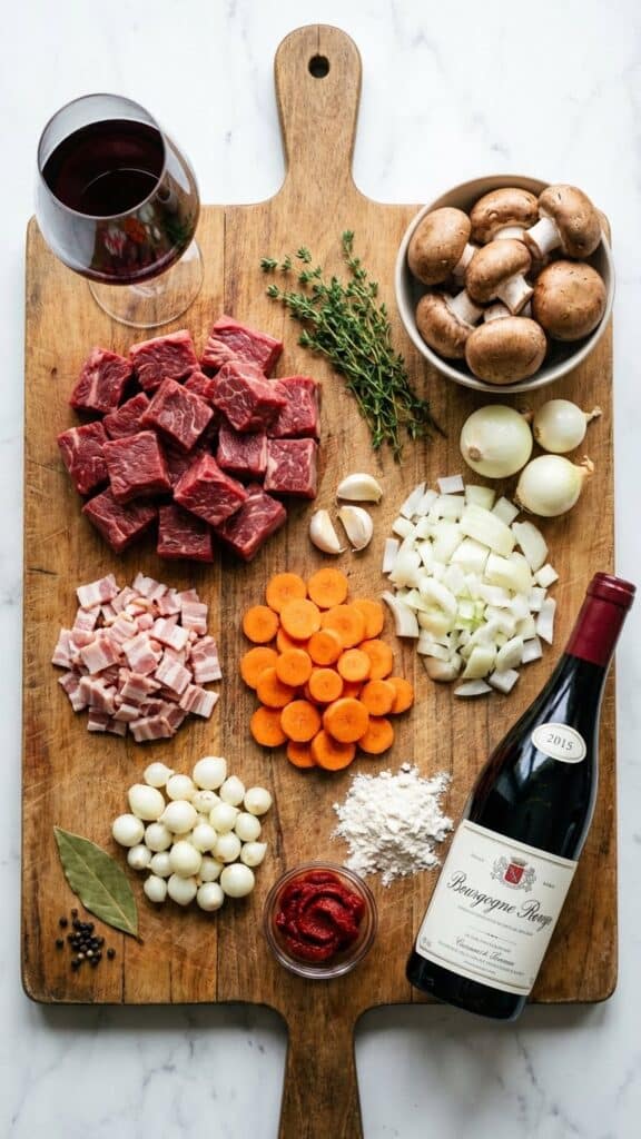 A flat lay showing raw beef cubes, bacon, carrots, onions, mushrooms, herbs, and a glass of red wine on a wooden board.