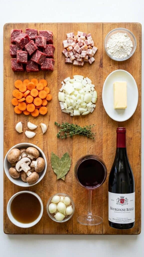A flat lay showing raw beef cubes, bacon, carrots, onions, mushrooms, herbs, and a glass of red wine on a wooden board.