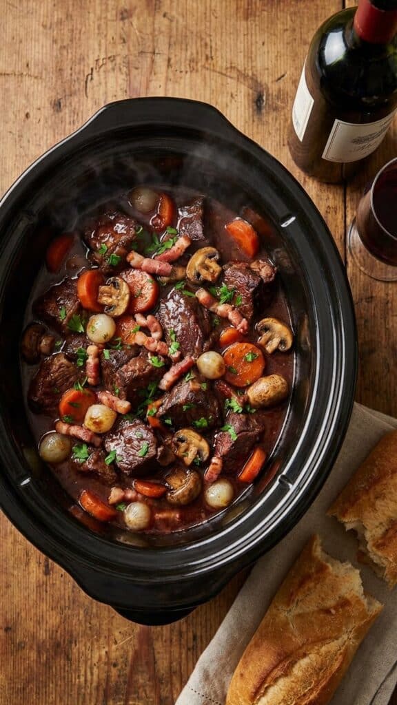 A close-up of a fork lifting tender beef bourguignon meat and sauce over mashed potatoes.