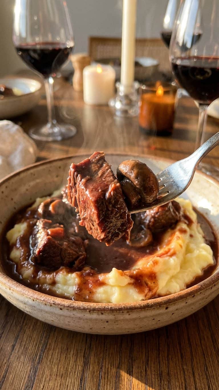 A top-down view inside a slow cooker filled with rich, dark beef bourguignon stew with carrots, mushrooms, and pearl onions, garnished with parsley.