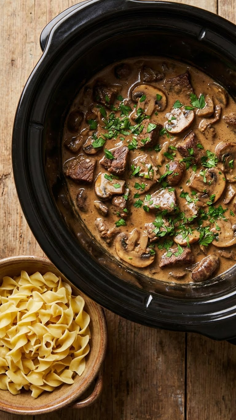 A top-down view inside a slow cooker filled with creamy beef stroganoff with mushrooms, garnished with fresh parsley.
