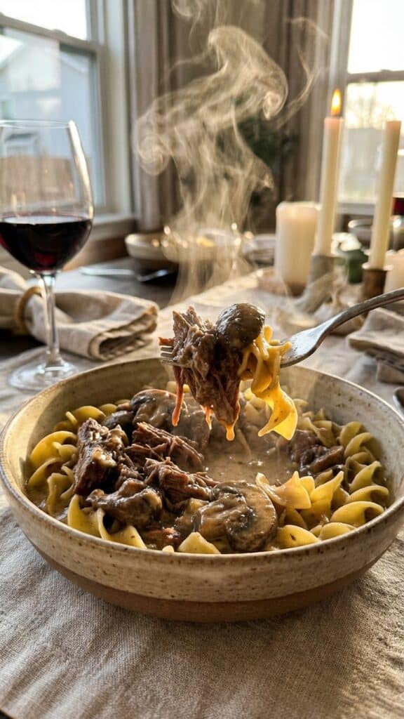 A close-up of a fork lifting tender beef and noodles covered in creamy stroganoff sauce from a bowl.