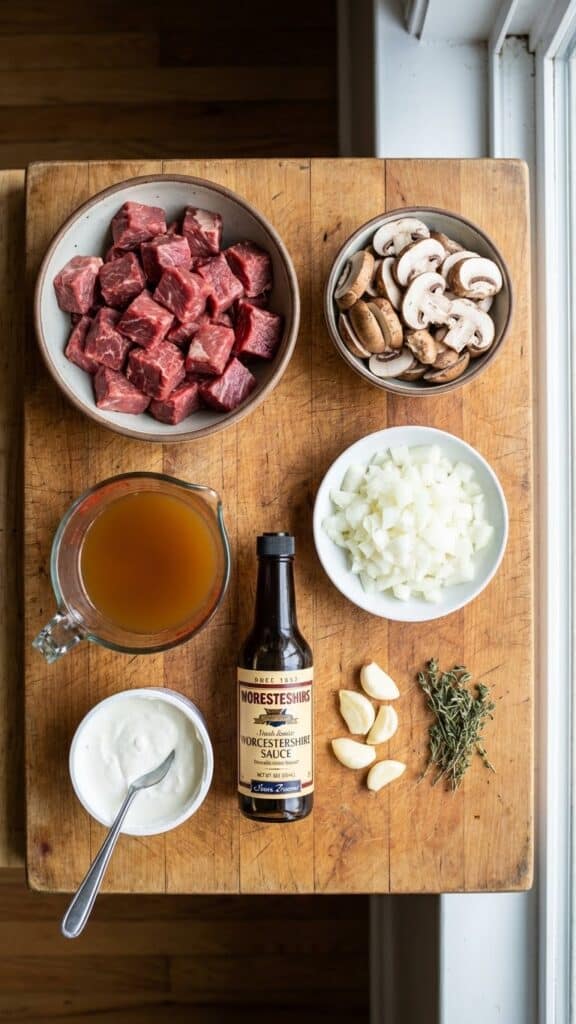 A flat lay showing raw cubed beef, mushrooms, onions, broth, sour cream, and seasonings on a wooden board.